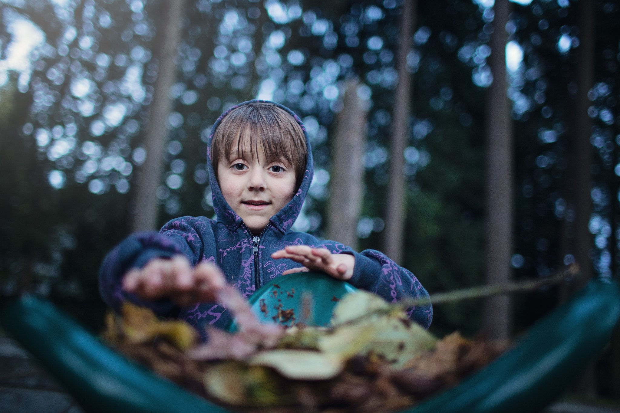Niño explorando un bosque con las manos extendidas hacia la cámara.